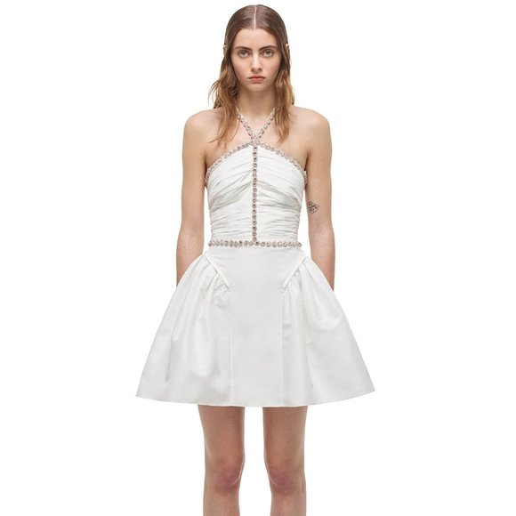 Self Portrait White Taffeta Diamante Trim Mini Dress - UK4 / US0 w Tags